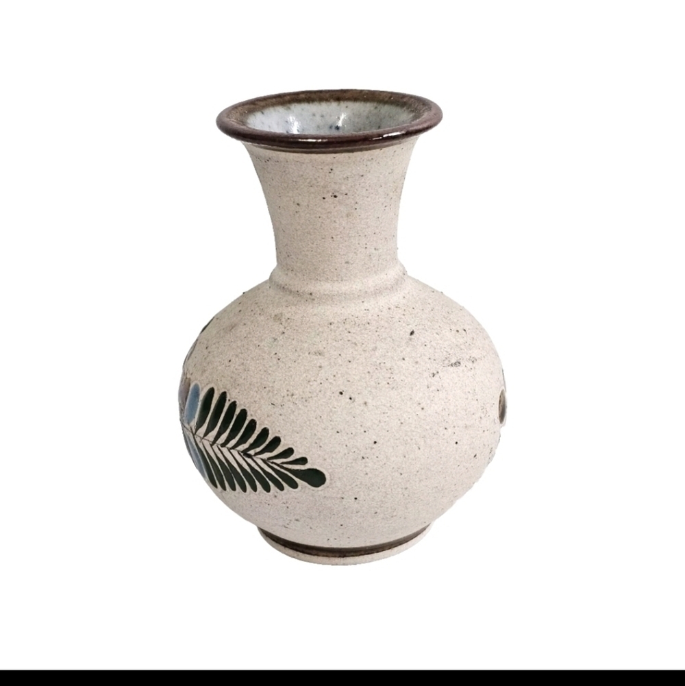 Collectible Mexican Tonala Brown Hand Painted Pottery Vase Floral Design - Picture 4 of 8